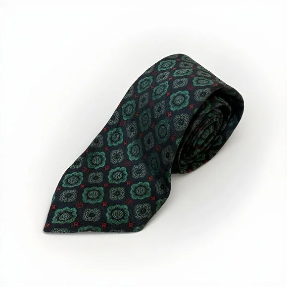 VTG GUCCI 100% Silk Tie Navy Green Medallion Print Vintage 1990s Made In Italy - Picture 4 of 14